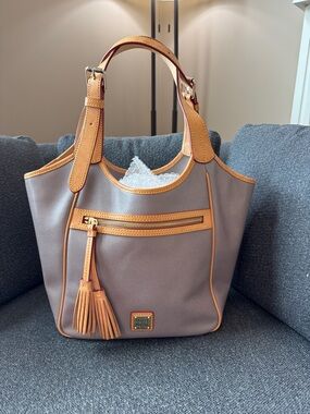 Dooney & Bourke Taupe Canvas Shoulder Tote with Tan Leather Trim